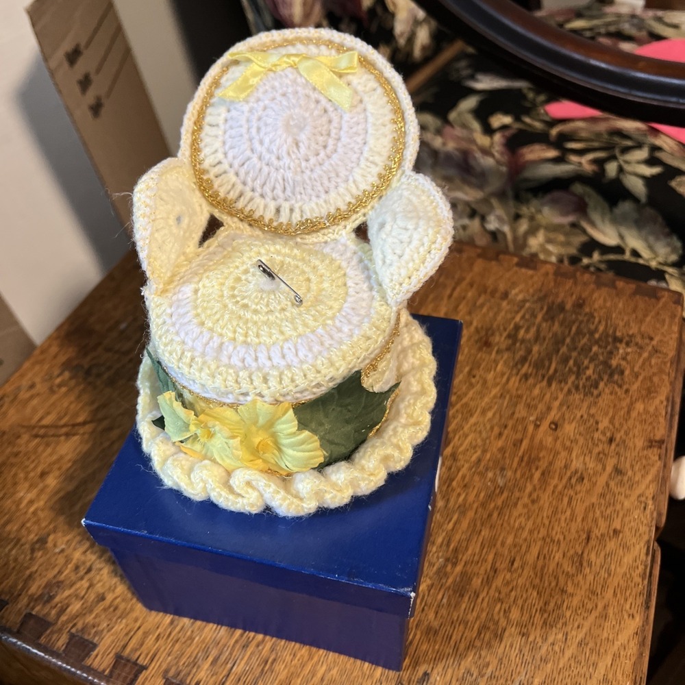 Vintage Hand Crocheted Dollhouse Armchair Pincushion 6in Tall White Yellow 1930s